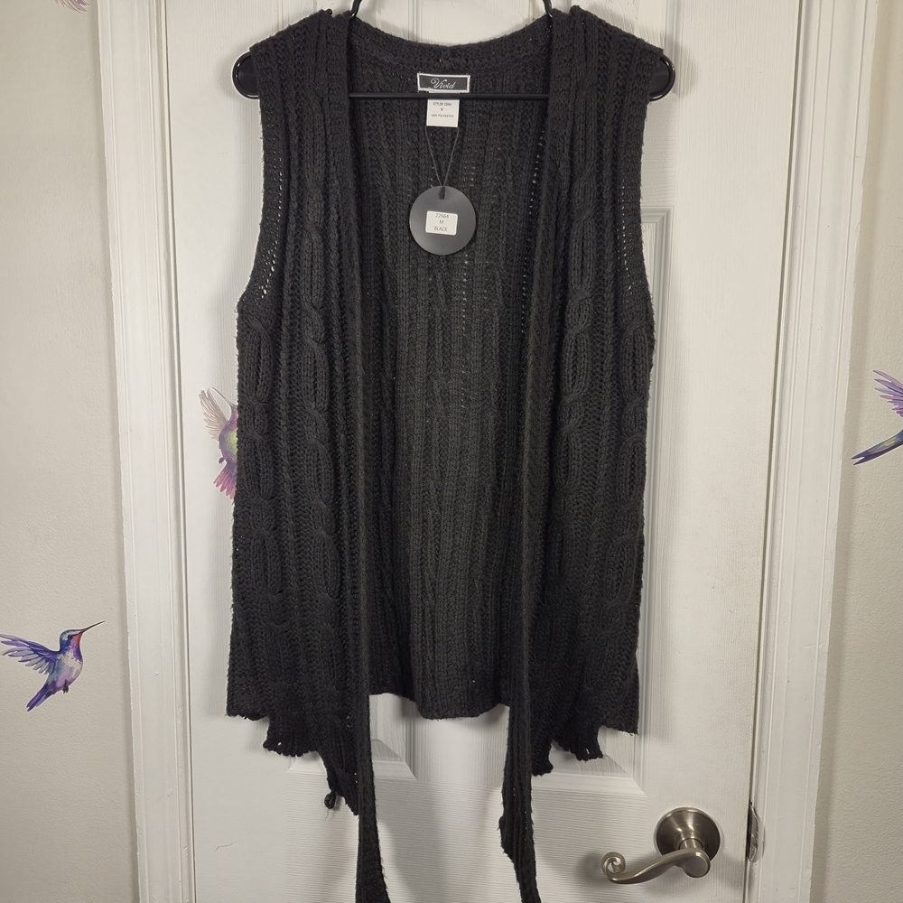 ​NWT Vivid Long Cable Knit Open-Front Sweater Vest Charcoal M Dark Academia